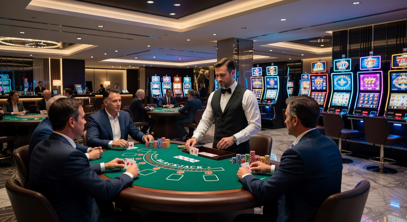 Moderne Slot-Maschinen mit leuchtenden Bildschirmen und Spielern, die Jackpots jagen
