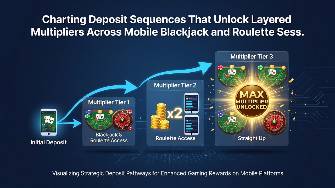 Illustration von mobilen Sitzungen mit Blackjack-Tischen und Roulette-Rädern sowie Einzahlungsindikatoren