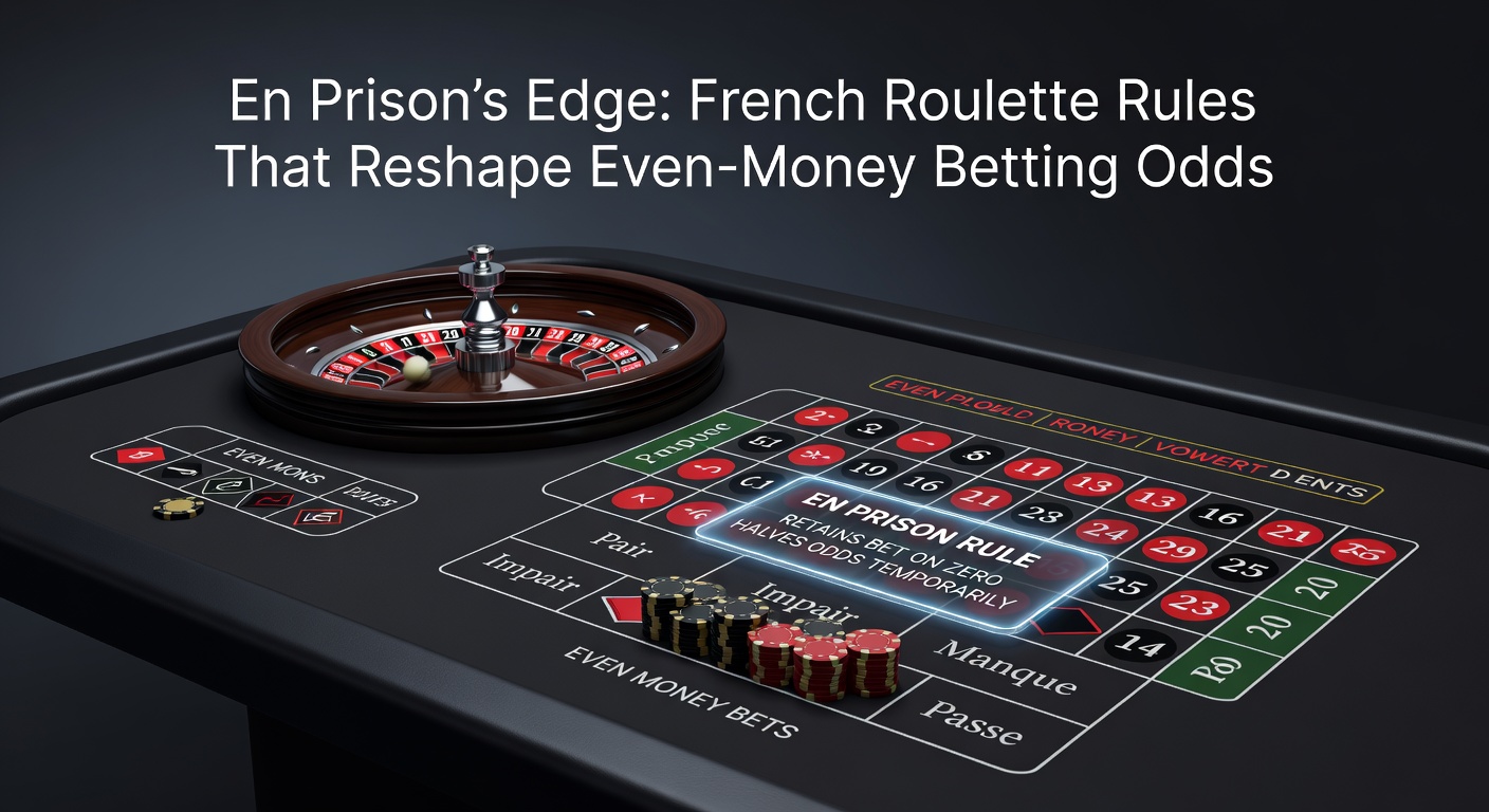 Nahaufnahme eines Roulette-Tisches mit En Prison-Marker auf einer Even-Money-Wette, umgeben von Chips und der Null
