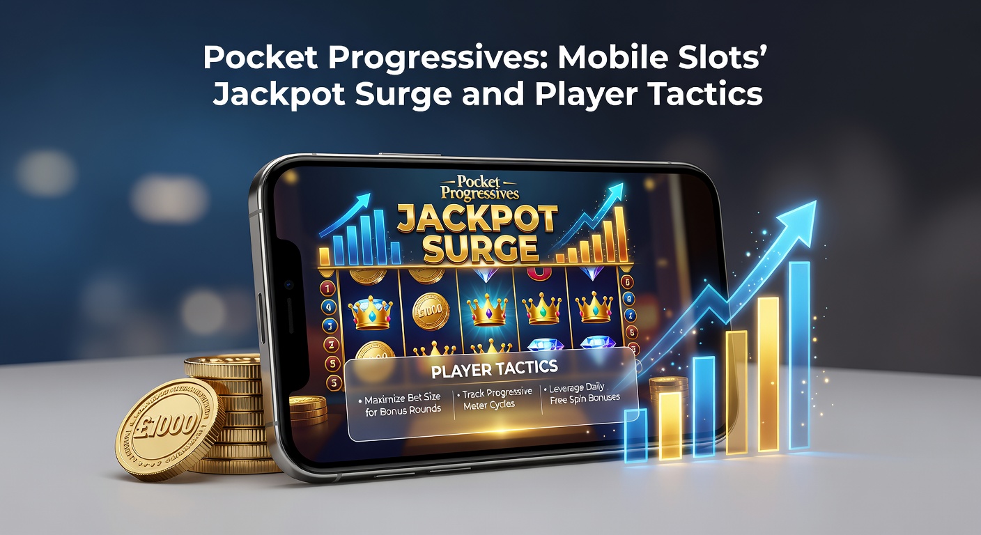 Smartphone mit leuchtendem progressivem Jackpot-Slot auf dem Bildschirm, umgeben von Grafiken explodierender Münzen und steigenden Balken